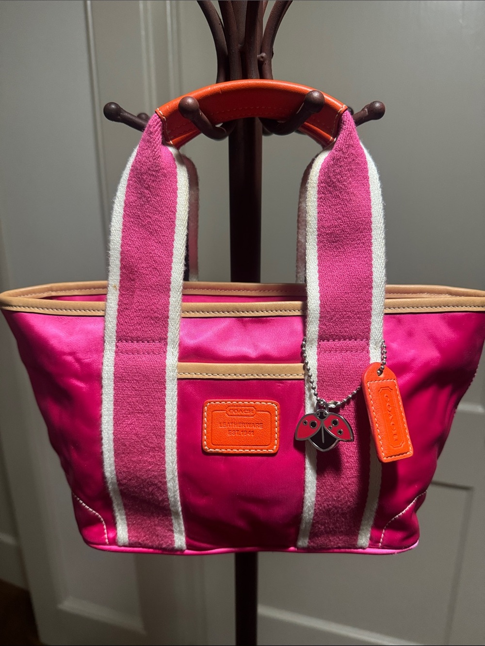 Coach Hot Pink Mini Canvas Tote with Orange Trim and Striped Handles
